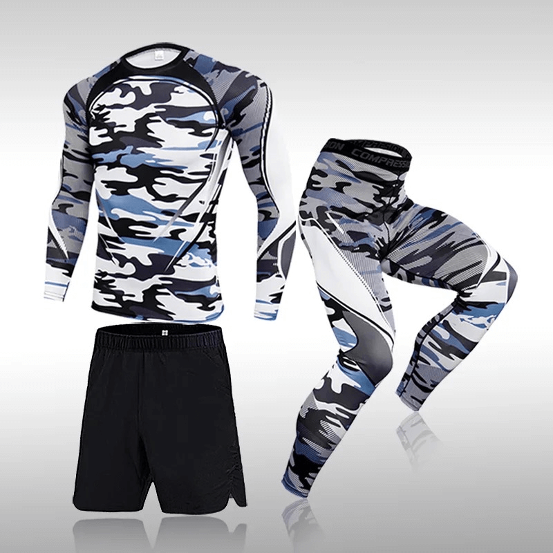Men's Athletic Performance Wear Set SF2032 with camo design, perfect for bodybuilding, running, yoga, and fitness. Polyester-spandex blend.